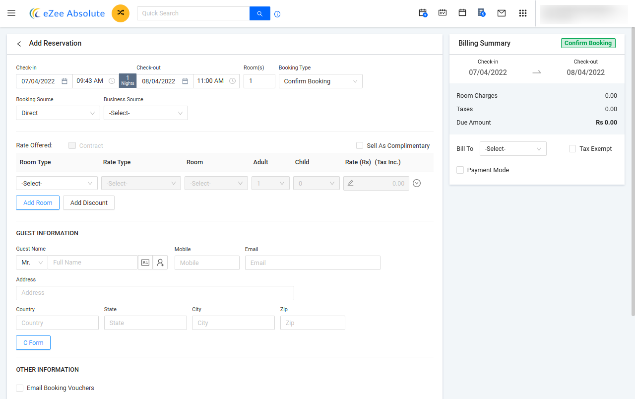 screenshot of eZee Absolute